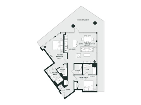 Floor plan for 2 beds, 2 baths, 1156 sqft